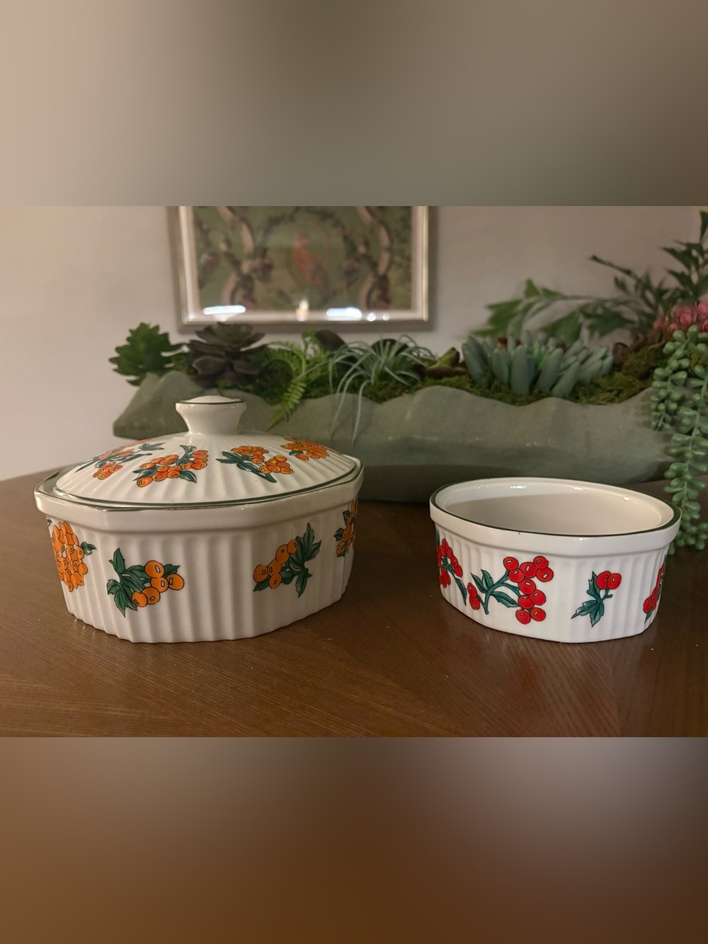 White Ceramic Lidded Casserole & bowl with Orange and Red Berry Motif